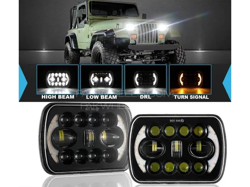 Buy Jeep Square White Amber 5x7 Headlights Turn Signal HI/LO Beam DRL ...