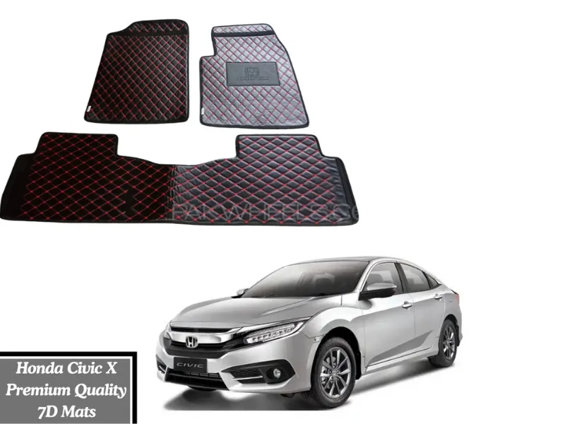 Honda Civic X 2017-2022 7D Flat Eco Mats | Honda Civic X Black Color 7D Eco Mats With Red Thread