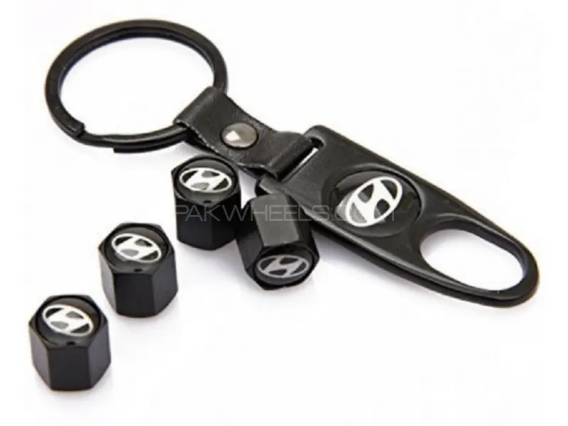 Car Tire Wheel Valve Caps With Keyring Keychain | Tyre Valve Dust Caps For Hyundai Image-1