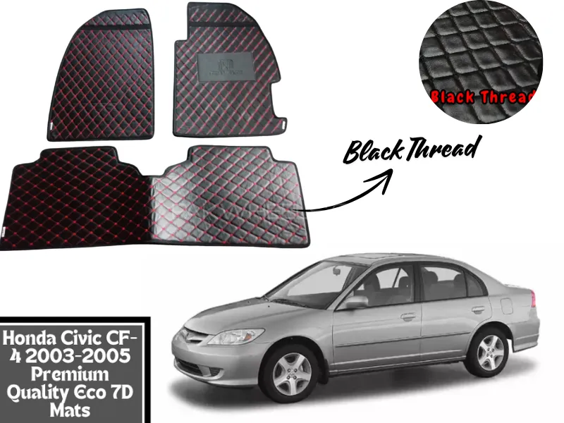 Honda Civic CF-4 2003-2005 7D Flat Eco Mats With Black Thread | Civic CF-4 2003-2005 Black Color 7D Image-1
