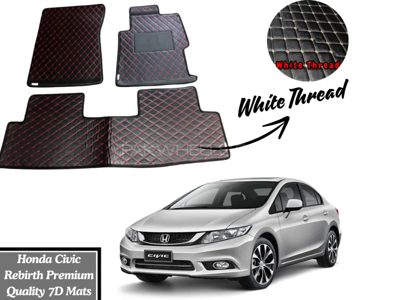 Honda Civic Rebirth 2013-2016 7D Flat Eco Mats | Civic Rebirth Black Color Mats With White Thread Image-1