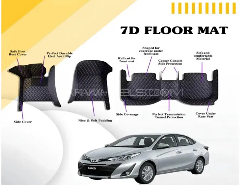 Toyota Yaris 2020-2024 7D Floor Mats - Black Multi Color Thread -3 Pcs Image-1