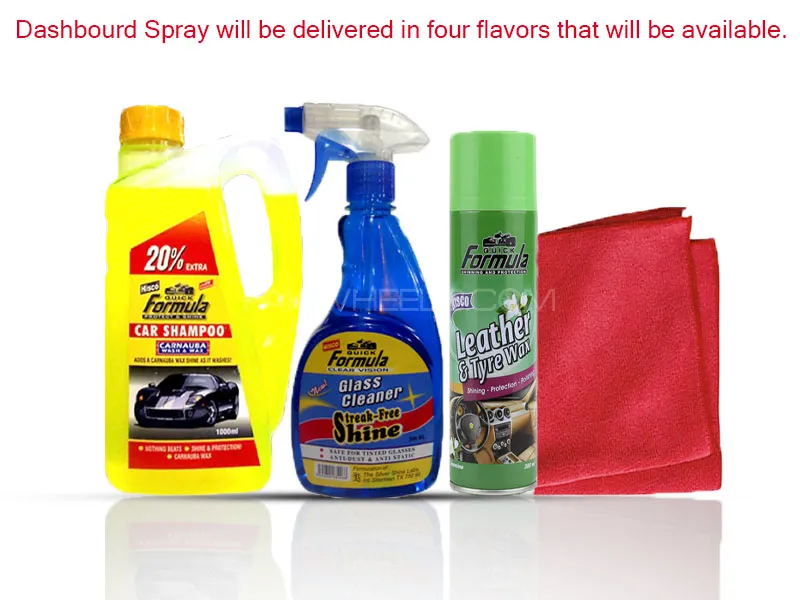 4 in1 Formula Complete Car Cleaning Kit: Shampoo, Glass Cleaner, Dashboard Spray & Microfiber Cloth Image-1