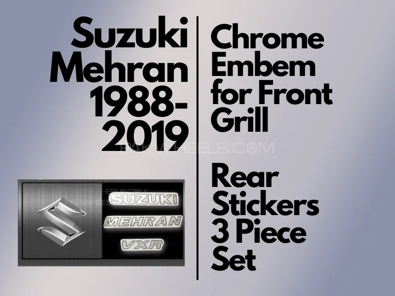 Suzuki Mehran 1988-2019 Monograms | Front & Rear | 4 pcs | Front Chrome & Rear Stickers Image-1