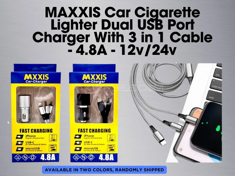MAXXIS Car Fast Charger with Dual USB Port & 3 in 1 Cable - 4.8A - 12 / 24 V. Image-1