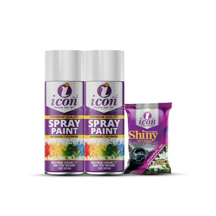 Icon Plus 2Silver Spray Paint 300ml  and Shiny Wipes  Car & Bike Touch-Up Kit, High Gloss Finish  Image-1