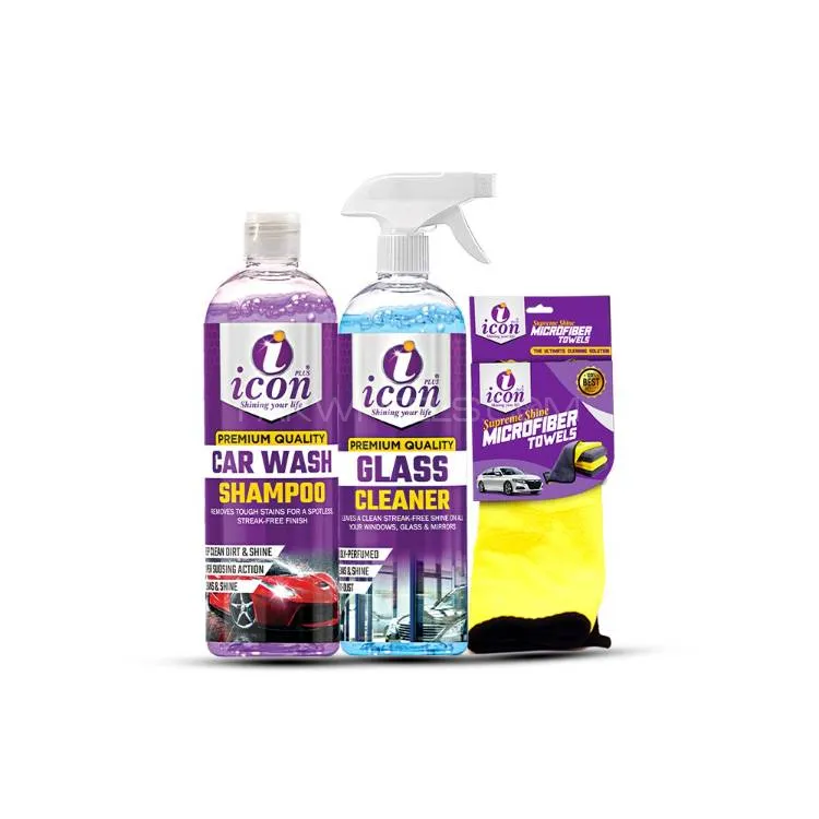 Icon Plus Cleaning Kit Car Shampoo 500ml + Premium Glass Cleaner 500ml + Microfiber Cloth Image-1