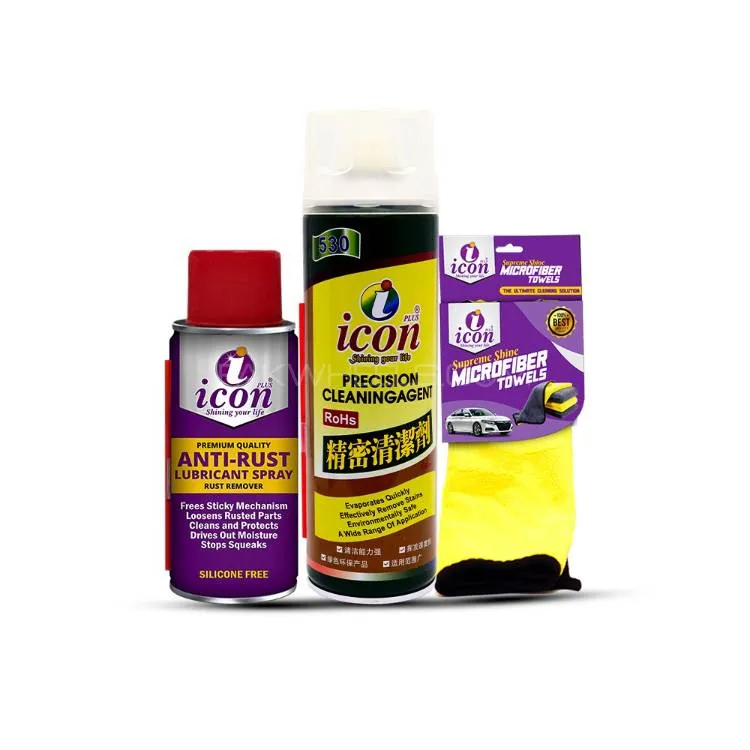 Icon Plus Electronic & Engine Care Kit Anti-Rust Spray 200ml Contact Cleaner 550ml Microfiber Cloth  Image-1