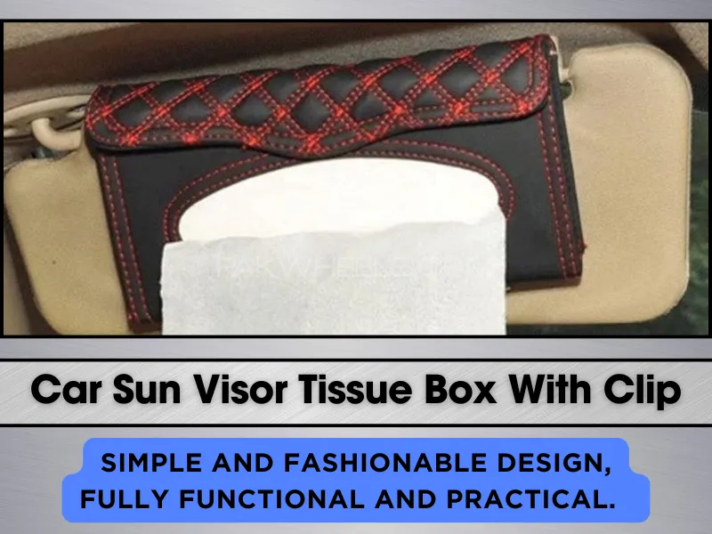 Car Sun Visor Tissue Box PU Leather [Black-Red Thread] Image-1