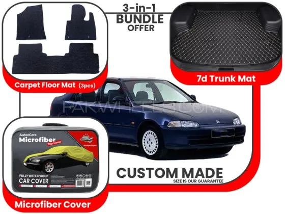 Honda Civic Carpet Floor Mat, 7d Trunk mat and Microfiber Cover - Model 1992-1995 Image-1
