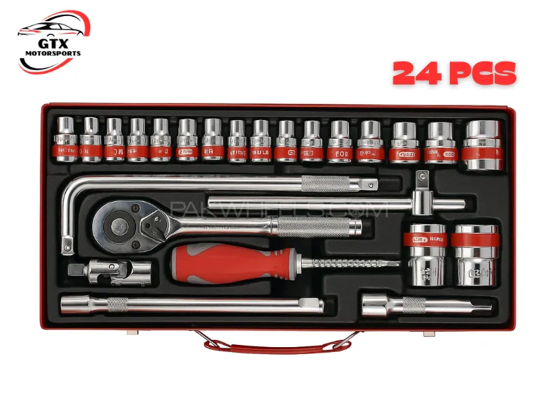 Professional 24-Piece Ratchet Socket Wrench Tool Kit with Steel Box Image-1