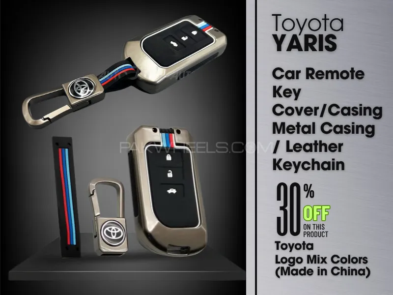 Toyota Yaris 1.5  Metal Key Cover | Car Remote Key Cover |Casing Metal Casing | Leather Keychain | L Image-1
