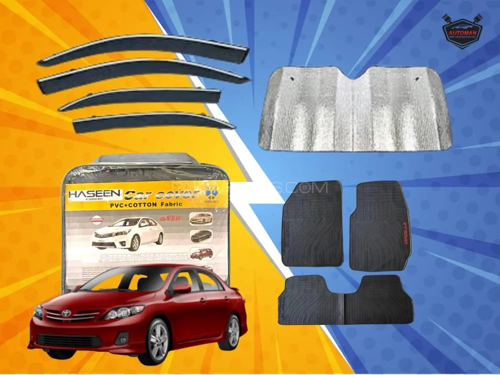 4in1 Car Accessories Pack for Toyota Corolla 2009-2014 – Car Cover, Chrome Air Visor, Windshield Foi Image-1