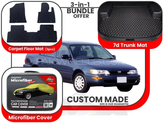 Toyota Corolla 1987-1995| Premium Bundle – 3-in-1 | Carpet Floor Mat, Trunk Mat, Microfiber Cover Image-1