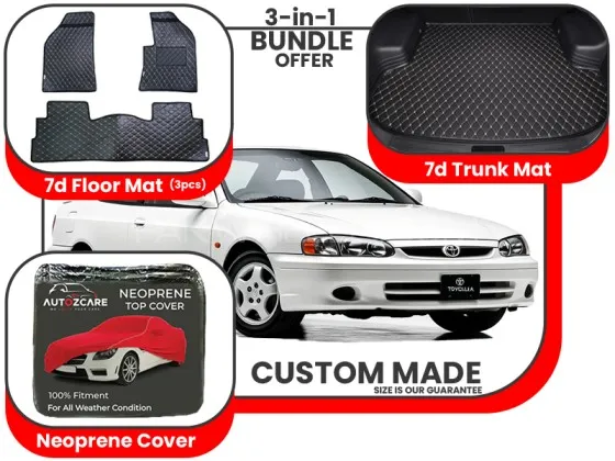 Toyota Corolla 1996-2002 | Premium Bundle – 3-in-1 | 7D Floor Mats, Trunk Mat, Neoprene Cover Image-1