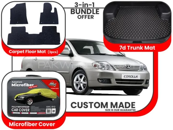 Toyota Corolla 2003-2008| Premium Bundle – 3-in-1 | Carpet Floor Mat, Trunk Mat, Microfiber Cover Image-1