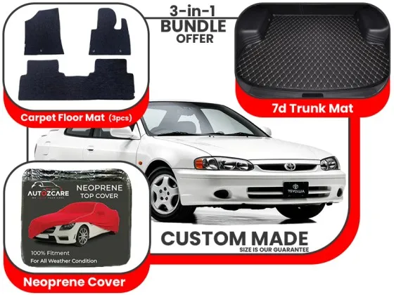 Toyota Corolla1996-2002| Premium Bundle – 3-in-1 | Carpet Floor Mat, Trunk Mat, Neoprene Cover Image-1
