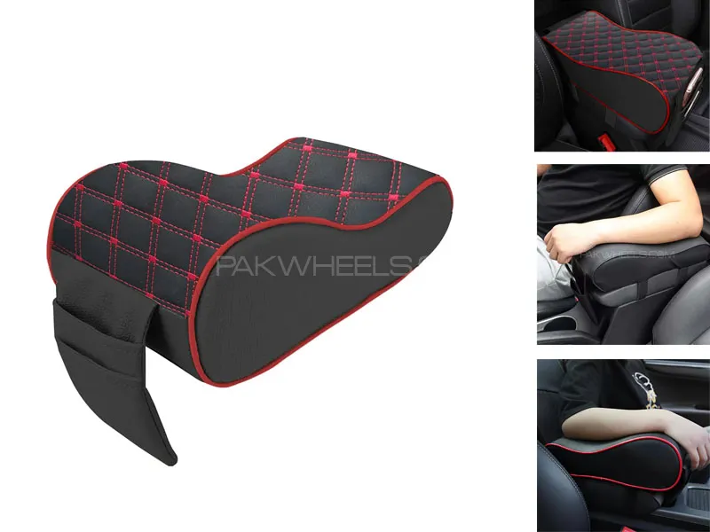 Universal Car Armrest Cushion With Mobile Holder ( Black Color ) Black With Red Stitch Image-1