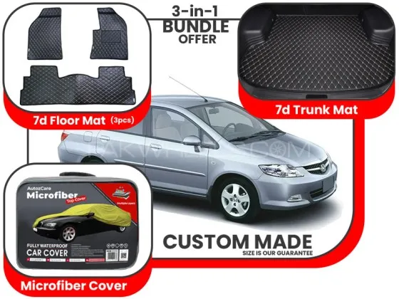 Honda City 2003-2008| Premium Bundle – 3-in-1 | 7D Floor Mats, Trunk Mat and Microfiber Cover Image-1