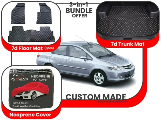 Honda City 2003-2008| Premium Bundle – 3-in-1 | 7D Floor Mats, Trunk Mat and Neoprene Cover Image-1