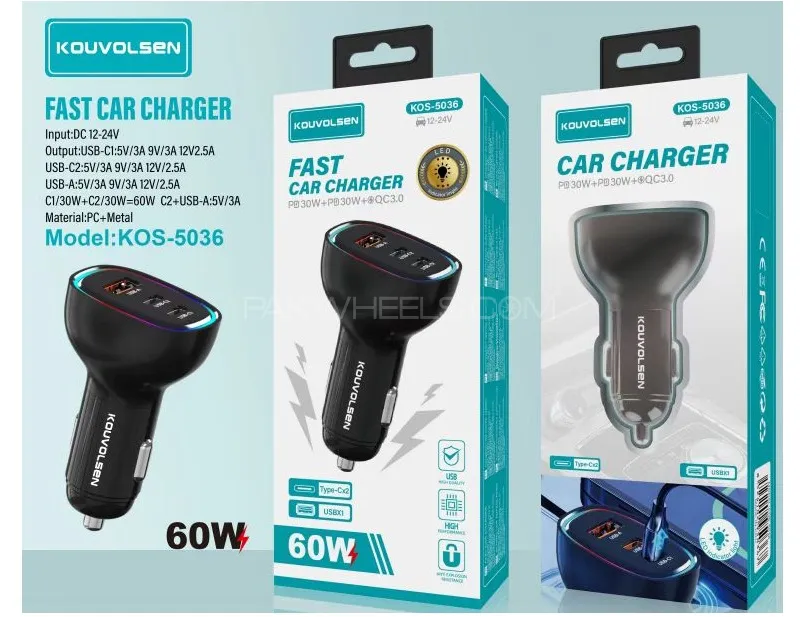 60W Fast Charging Car Mobile Charger USB + Type C X 2 Triple Output Image-1