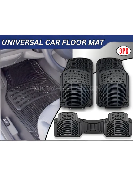 High Quality 3 PCS Universal Rubber Car Floor Mat Carpet -Black -Durable Waterproof All Weather Mats Image-1