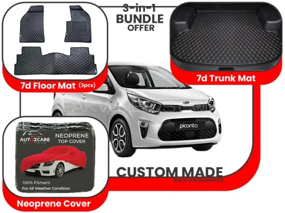 Kia Picanto 2019 2024|Premium Bundle– 3-in-1| 7D Floor mats , Trunk Mat and Neoprene Cover Image-1