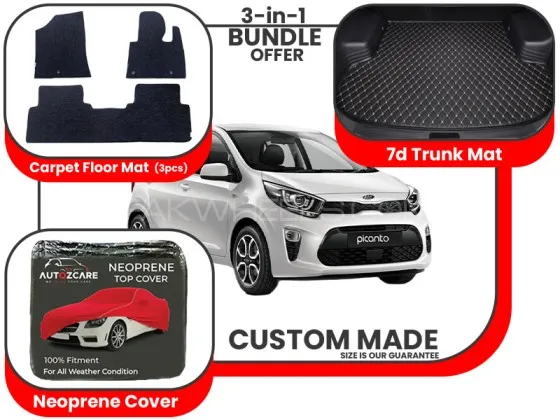 Kia Picanto 2019 2024|Premium Bundle– 3-in-1| Carpet Floor mats , Trunk Mat and Neoprene Cover Image-1