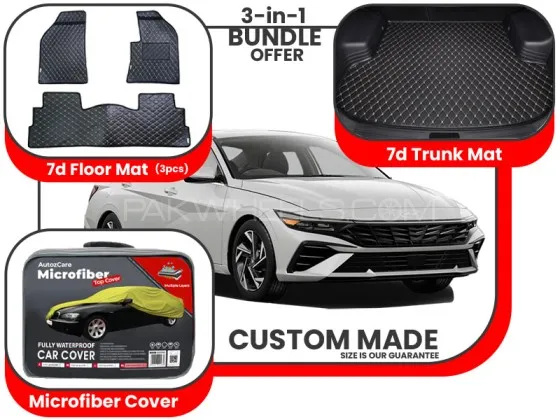 Hyundai Elantra EV 2024 |Premium Bundle– 3-in-1|7D floor mats ,Trunk Mat and Microfiber Cover Image-1