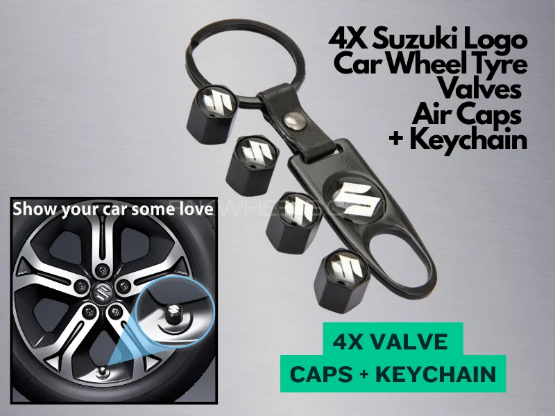 4X Suzuki | Logo Car Wheel | Tyre Valves | Dust Stems | Air Caps + Key ring Image-1