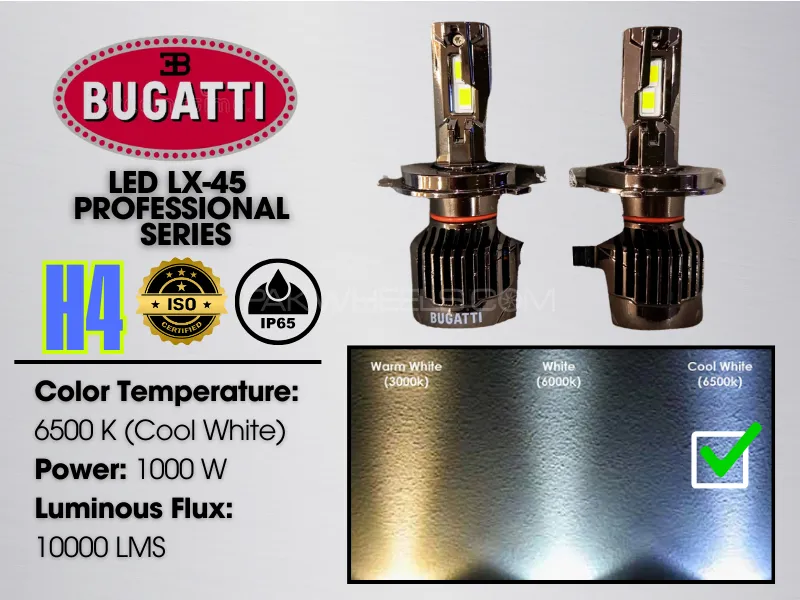 H4 | Bughatti Lx 45 SMD | 1000 W | 10,000 LMS | IP65 | Color Temperature 6500K | Cool White | LED Ki Image-1