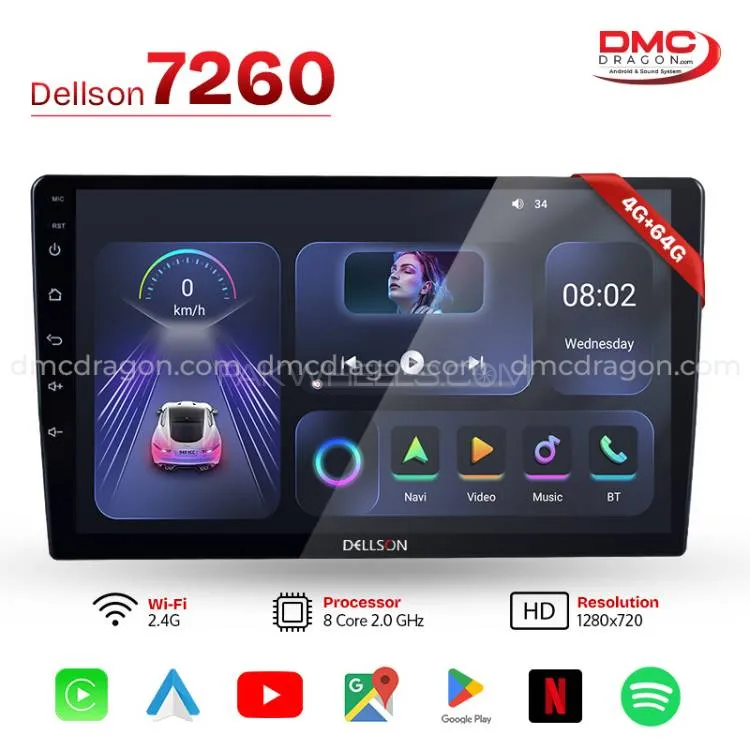 Dellson 7260 Android Car Stereo 9-in Screen 360° camera | 4GB + 64GB | Apple CarPlay & Android Auto Image-1