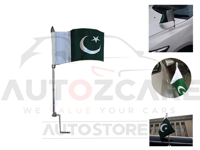 Car Flag Rod Chrome With Pakistani Flag | Installed On Car Bonnet Or Bumper Image-1