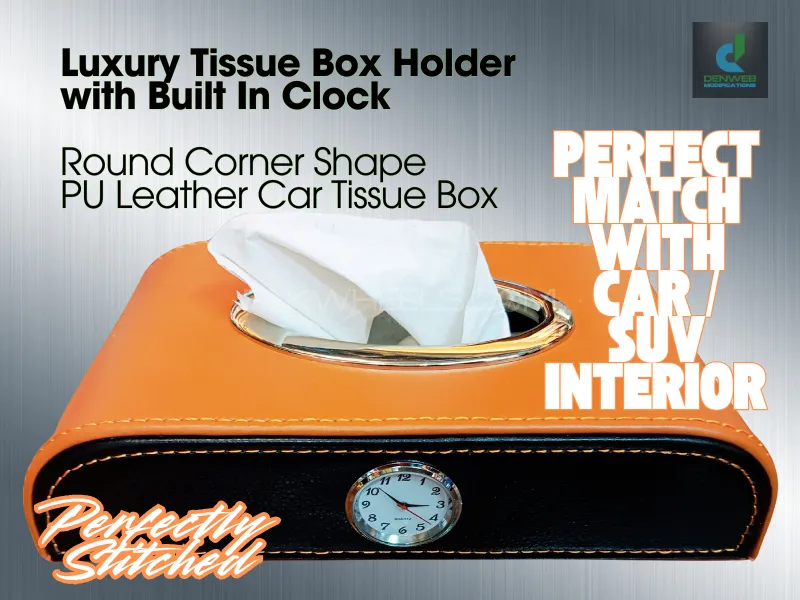 Tissue Box | Mustard | PU leather | with Built-in Quartz Clock| to match | Cars Interor Image-1