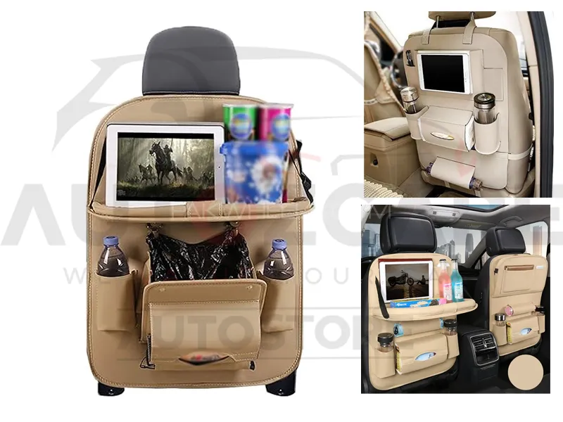 Car Back Seat Organizer with Foldable Tray Dining Table - Beige Image-1