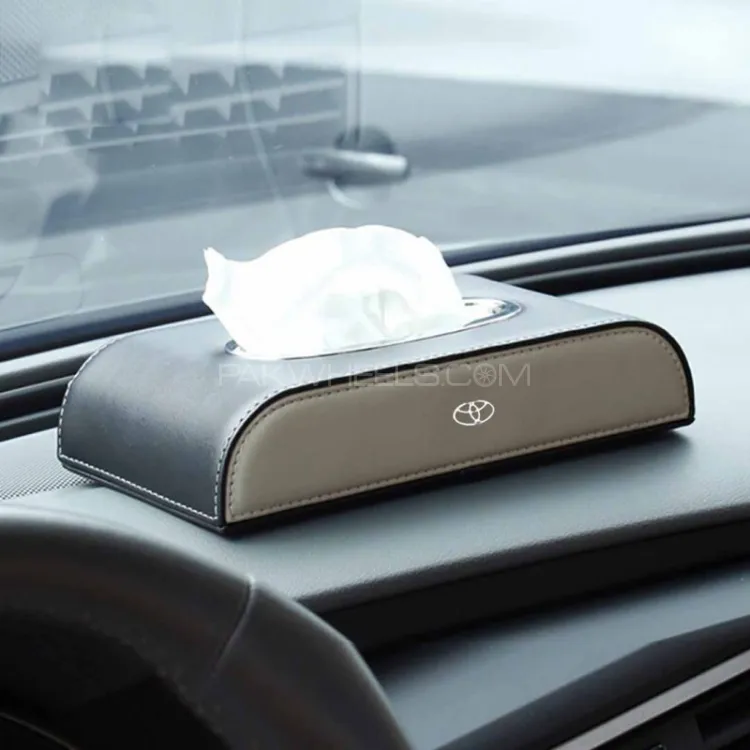 TOYOTA, HONDA, SUZUKI, KIA Logo Car Tissue Box – Beige & Black Premium Leather Organizer Image-1