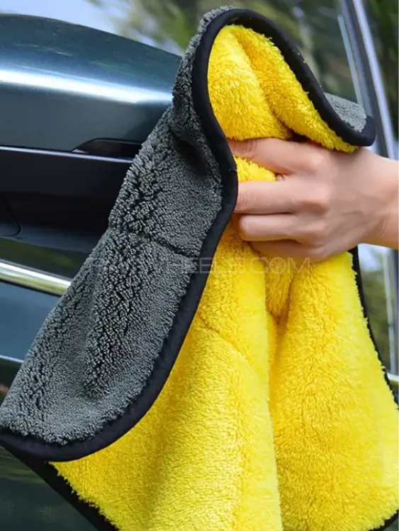 CAR CLEANING CLOTH SUPER PLUSHED 1200 GSM MICROFIBER - 40X45 CM - YELLOW & GREY - TOP QUALITY Image-1