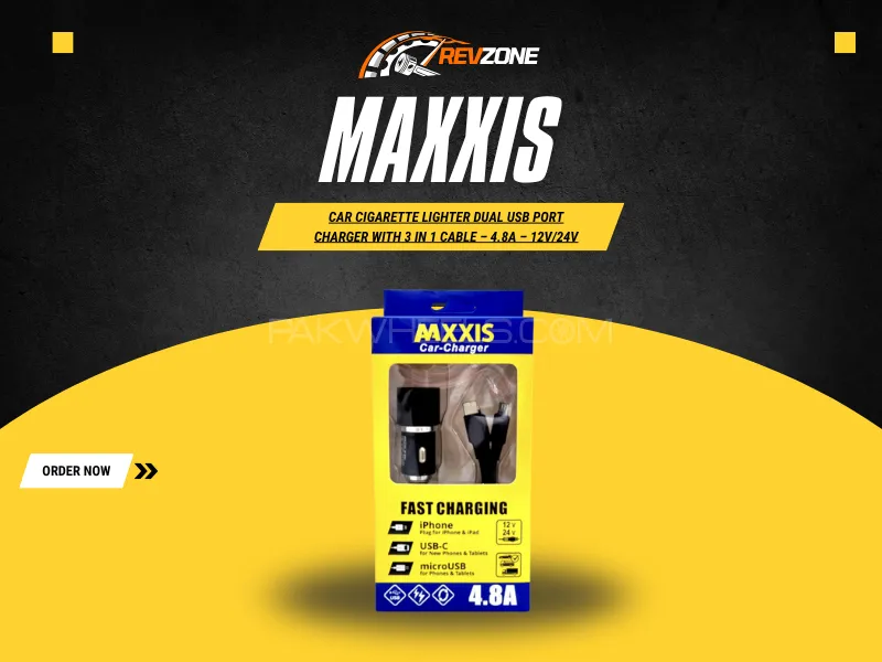 MAXXIS CAR CIGARETTE LIGHTER DUAL USB PORT CHARGER WITH 3 IN 1 CABLE – 4.8A – 12V/24V Image-1