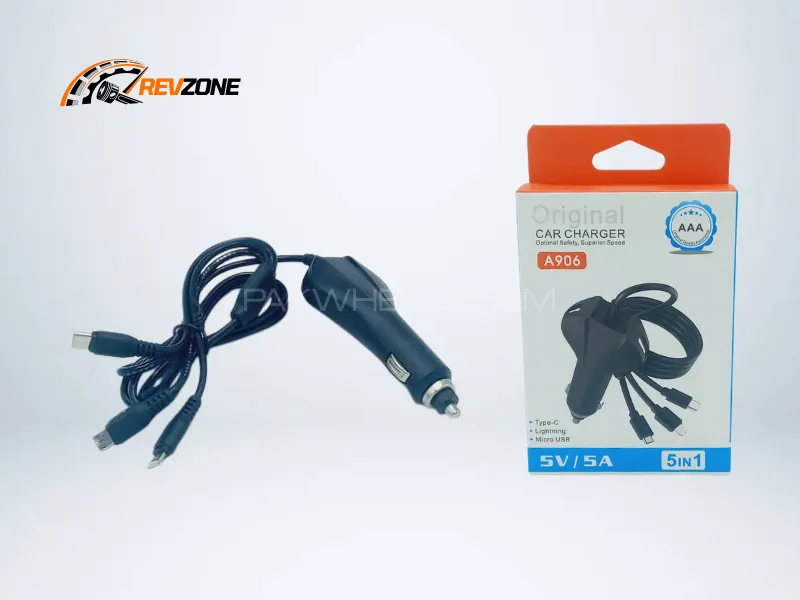5-in-1 Fast Car Charger 5V/5A with Type-C, Micro USB & iPhone Lightning Cables – Multi Charging  Image-1