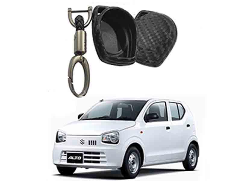 Carbon Fiber Style Key Cover With Rob Keychain For Suzuki Alto 2019 Image-1