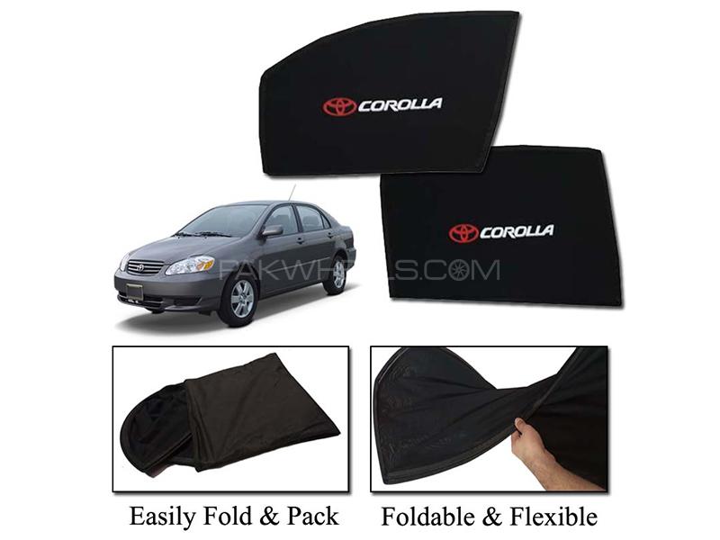 Toyota Corolla 2002-2008 Foldable Sun Shades With Logo | Mesh Fabric | Heat Proof | Dark Black 