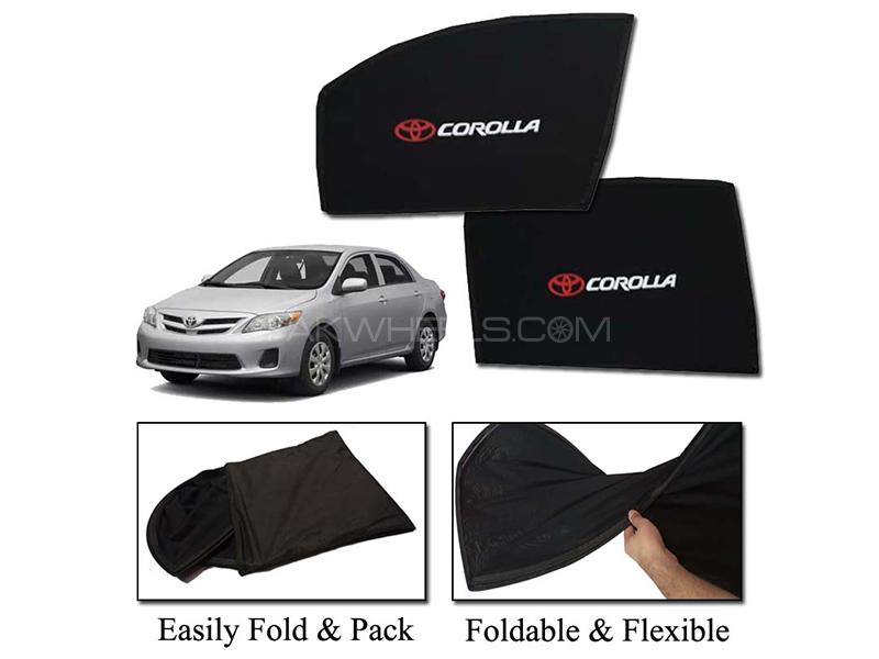 Toyota Corolla 2009-2014 Foldable Sun Shades With Logo | Mesh Fabric | Heat Proof | Dark Black  Image-1