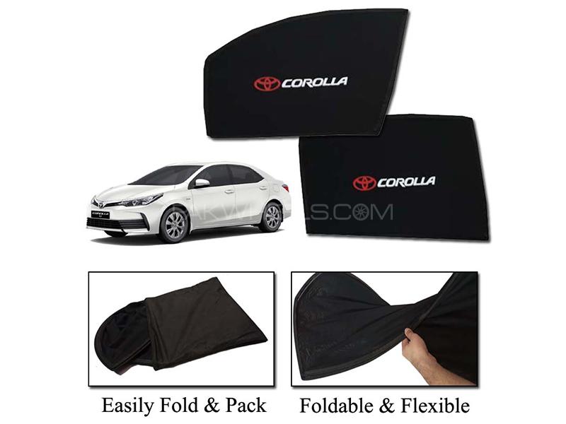 Toyota Corolla 2014-2021 Foldable Sun Shades With Logo | Mesh Fabric | Heat Proof | Dark Black 