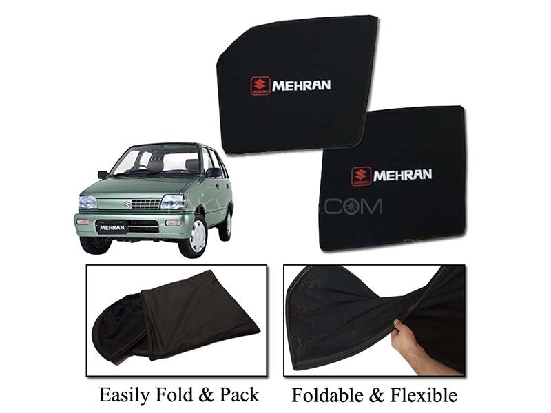 Suzuki Mehran 1988-2019 Foldable Sun Shades With Logo | Mesh Fabric | Heat Proof | Dark Black  Image-1