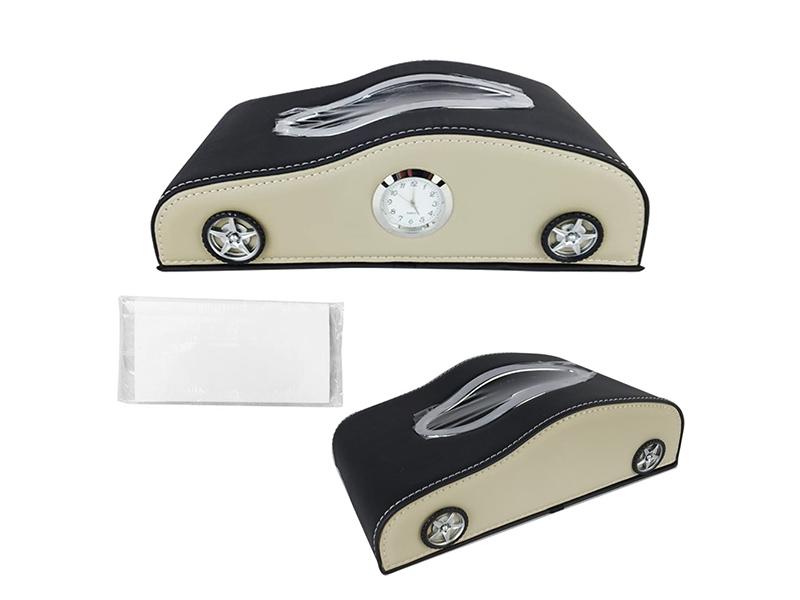 Universal Car Shape Tissue Box With Clock - Black & Beige  Image-1