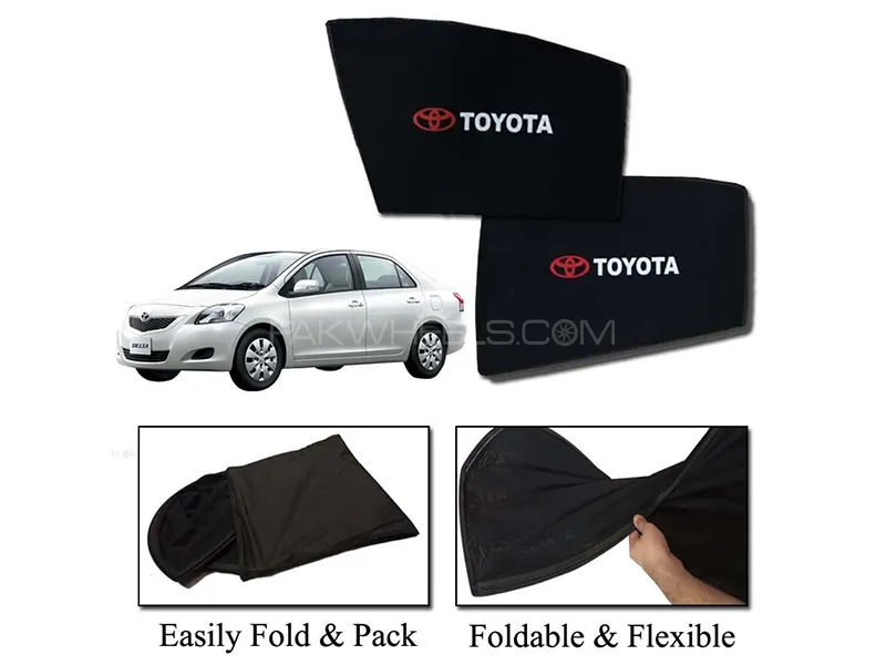 Toyota Belta 2005-2012 Sun Shades With Logo | Foldable | Mesh Fabric | Heat Proof | Dark Black Image-1
