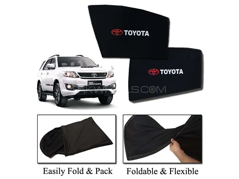 Toyota Fortuner 2013-2016 Sun Shades With Logo | Foldable | Mesh Fabric | Heat Proof | Dark Black Image-1