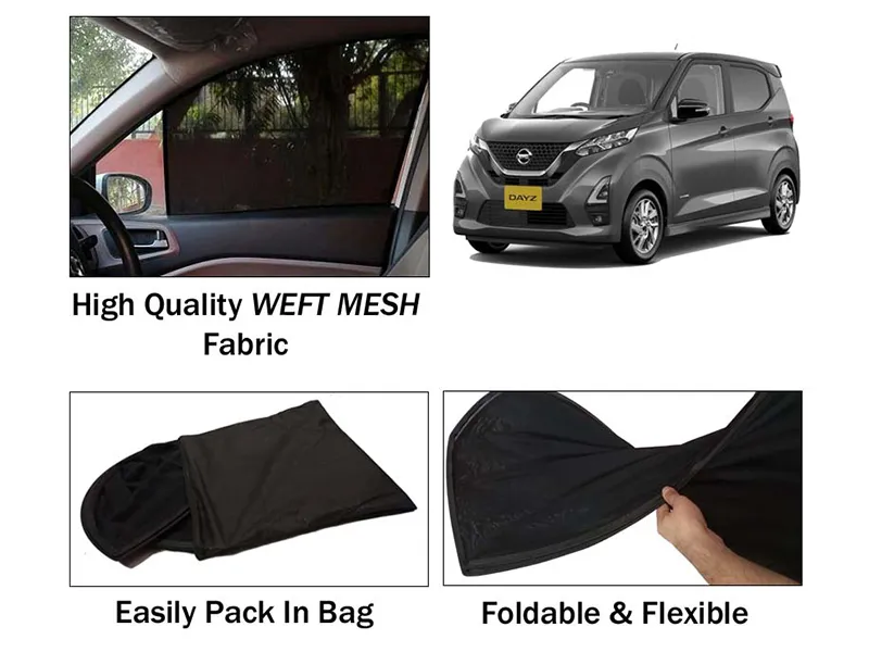 Nissan Dayz 2020-2022 Sun Shades | Foldable | Heat Proof | Mesh Fabric | Dark Black | 4 Pcs Set Image-1