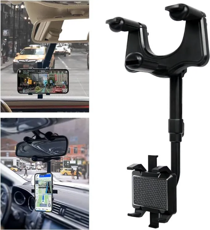 Universal Rearview Mirror With Phone Holder | 360°Rotatable And Retractable Car Phone Holder  Image-1