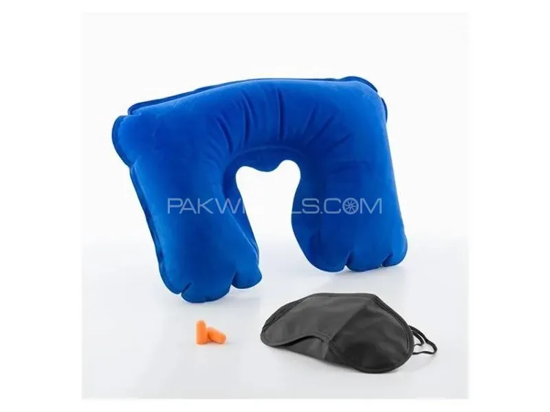 Universal 3 in 1 Travel Set – Inflatable Neck Pillow, Eye Mask and Ear Plugs Travel Kit (Blue) Image-1